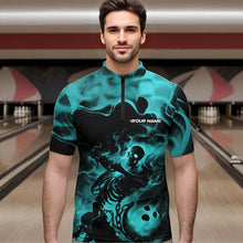 Load image into Gallery viewer, Black And Blue Flame Custom Skeleton Bowling Quarter-Zip Shirt For Men, Skull Bowling League Shirt IPHW8409