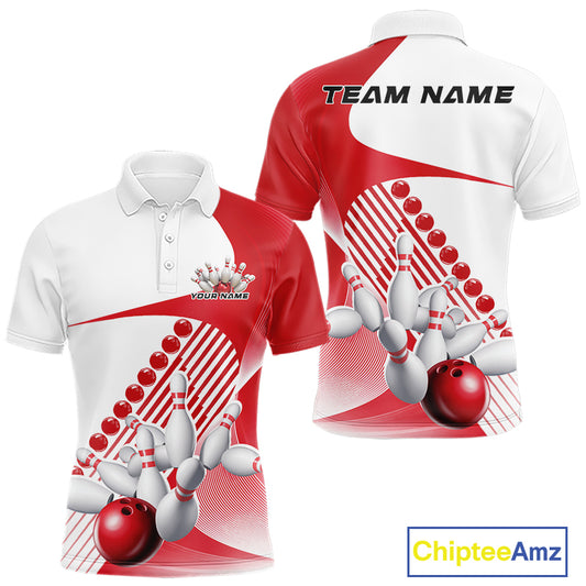 Front and back view of a mens bowling polo shirt mockup in white and red, featuring asymmetric wavy geometric stripes with a dynamic bowling strike illustration.