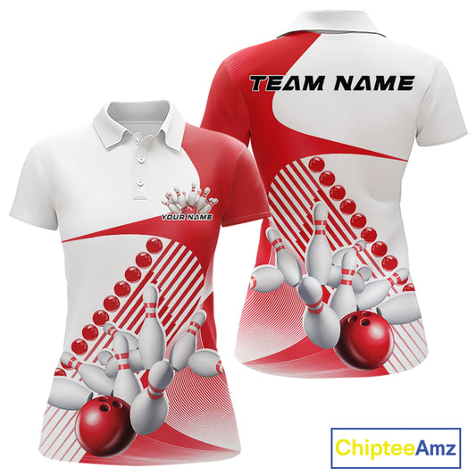 Front and back view of a womens bowling polo shirt mockup in white and red, featuring asymmetric wavy geometric stripes with a dynamic bowling strike design.