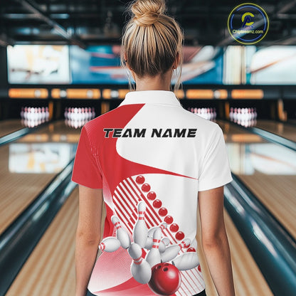 Back view of a women s white and red bowling quarter zip displaying asymmetric wavy stripe graphics and a dynamic bowling strike motif at the bowling lane.