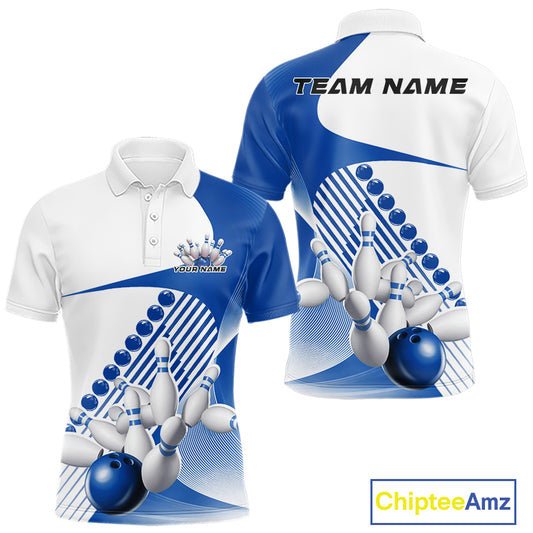 Front and back view of a mens bowling polo shirt mockup in white and blue, featuring asymmetric wavy geometric stripes with a dynamic bowling strike design.