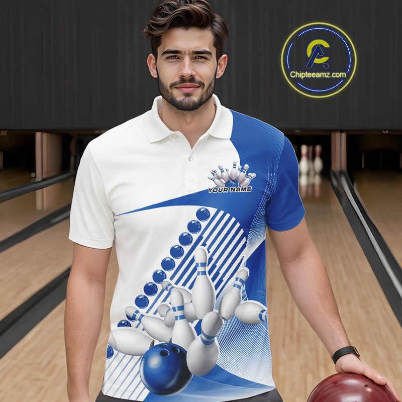 Male model in a bowling lane wearing a white and blue polo shirt with wavy geometric stripes and a dynamic bowling strike illustration.