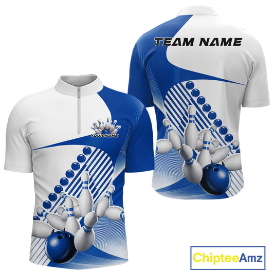 Front and back view of a mens bowling quarter zip shirt mockup in white and blue, featuring asymmetric wavy stripes and a dynamic bowling strike illustration.