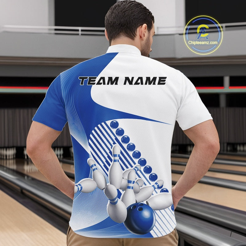 Male model at a bowling venue wearing a white and blue quarter zip shirt with asymmetric stripe accents and a dynamic bowling strike design.