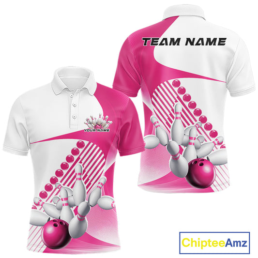 Front and back view of a mens bowling polo shirt mockup in white and pink, featuring asymmetric wavy geometric stripes with a dynamic bowling strike illustration.