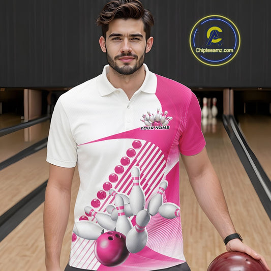 Male model in a bowling alley wearing a white and pink polo shirt with wavy geometric stripe accents and a bowling strike graphic.