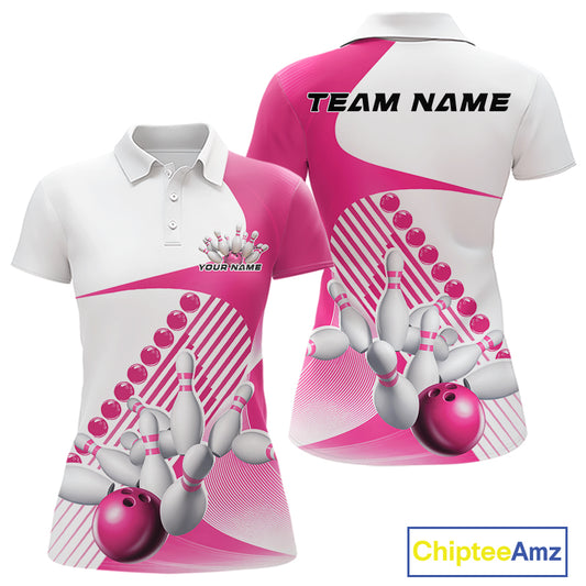 Front and back view of a womens bowling polo shirt mockup in white and pink, featuring asymmetric wavy geometric stripes with a dynamic bowling strike illustration.