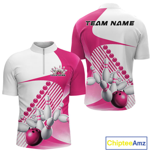 Front and back view of a mens bowling quarter zip shirt mockup in white and pink, featuring asymmetric wavy geometric stripes with a dynamic bowling strike design.