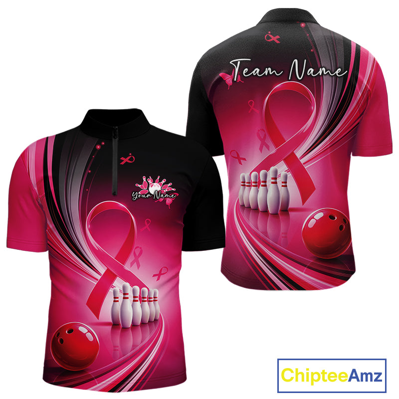 Front and back mockup of a men's black and pink bowling quarter zip featuring breast cancer awareness ribbons and bowling graphics