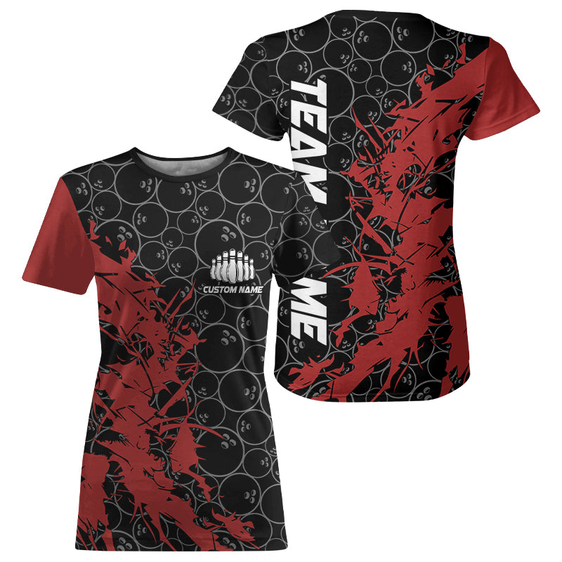 Black And Red Customized Bowling T-Shirts For Women, Bowling Pattern Bowling Jerseys IPHW6982