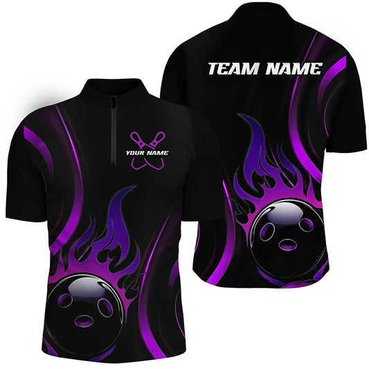 Custom Purple Flame Bowling Polo Shirts For Men, Team Bowling League Shirts IPHW6988