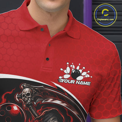 A close-up of a red short-sleeve polo shirt worn by a model, featuring a black and white grim reaper graphic with bowling elements on the lower front and a customizable 'YOUR NAME' text area.