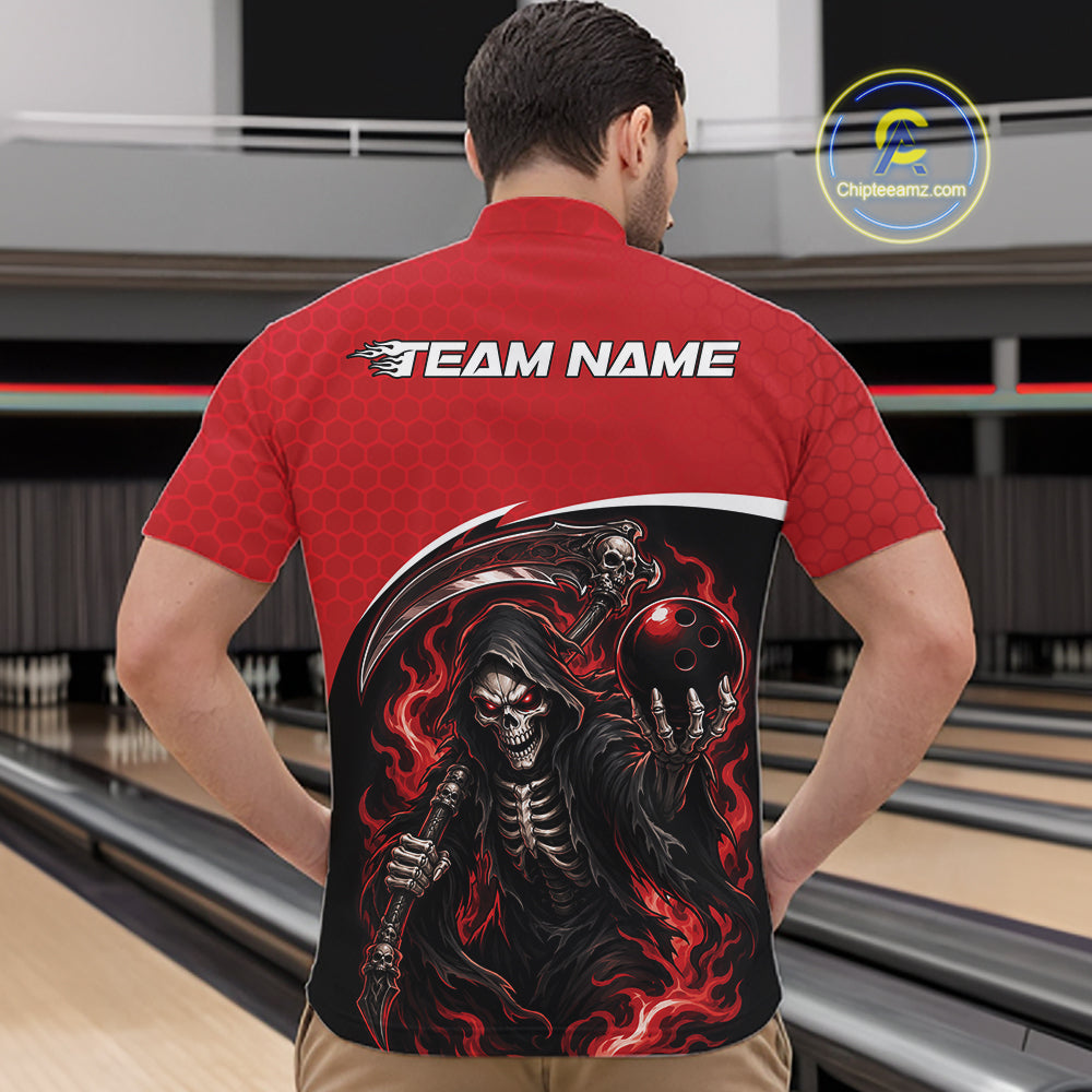 A man viewed from behind wearing a red bowling-themed short-sleeve shirt with a large grim reaper graphic on the back, holding a bowling ball, with 'TEAM NAME' printed across the upper back. Bowling lanes are visible in the background.