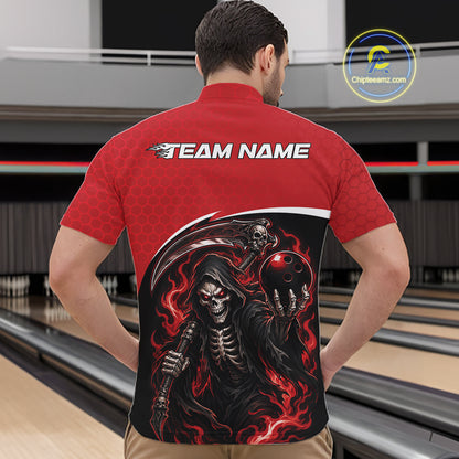 A man viewed from behind wearing a red bowling-themed short-sleeve shirt with a large grim reaper graphic on the back, holding a bowling ball, with 'TEAM NAME' printed across the upper back. Bowling lanes are visible in the background.