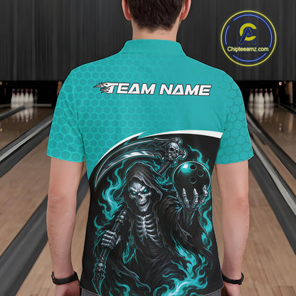 A man viewed from behind wearing a teal short-sleeve bowling shirt with a large black and teal grim reaper graphic on the back, holding a bowling ball. Bowling lanes are visible in the background
