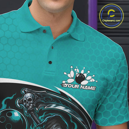 A close-up of a man wearing a teal short-sleeve polo shirt with a black and white grim reaper and bowling ball graphic across the lower front, plus a white 'YOUR NAME' bowling pin splash logo on the chest. 