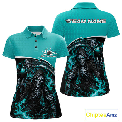 Front and back views of a teal and black polo shirt featuring a grim reaper skeleton holding bowling balls, with customizable text areas on the chest and back, shown on a white background with a ChipteeAmz logo in the corner.