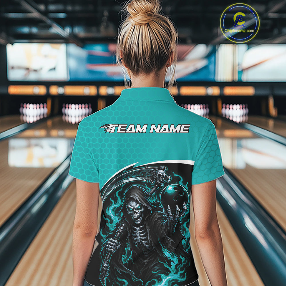 A woman viewed from behind wearing a teal short-sleeve bowling shirt with a large black and teal grim reaper graphic on the back and the text 'TEAM NAME' across the shoulders. 
