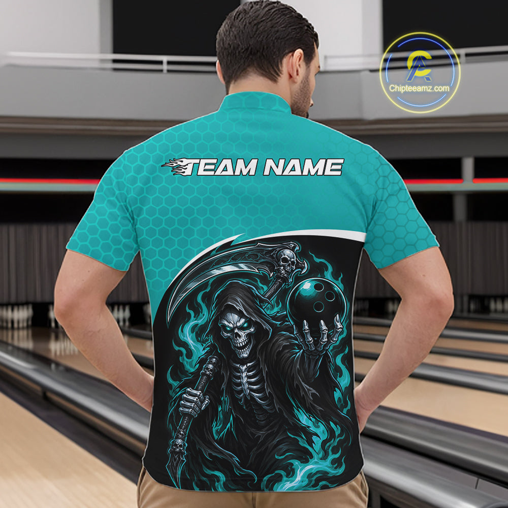 A man viewed from behind wearing a teal and black bowling-themed graphic shirt with a skeleton and grim reaper design, standing in a bowling alley. The shirt features 'TEAM NAME' placeholder text on the upper back.