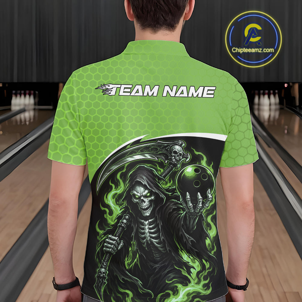 A man viewed from behind wearing a bright green short-sleeve bowling shirt with a large black grim reaper graphic and the words 'TEAM NAME' across the upper back. Bowling lanes are visible in the background