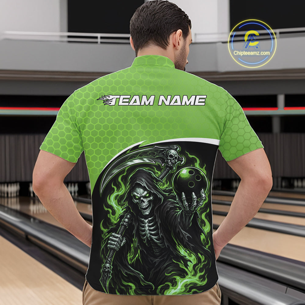 A man viewed from behind wearing a custom bowling-themed short-sleeve shirt with a large grim reaper graphic on the back, set against a bowling alley background. The shirt features a green honeycomb pattern on the upper back and a black lower section with a detailed reaper design holding a bowling ball.