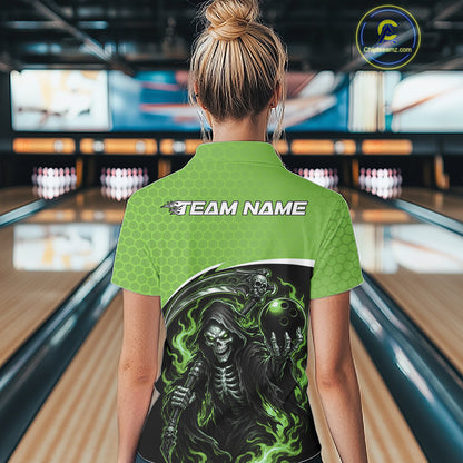 A woman viewed from behind wearing a bright green short-sleeve bowling shirt with a large black and green skull graphic on the back and 'TEAM NAME' printed across the shoulders