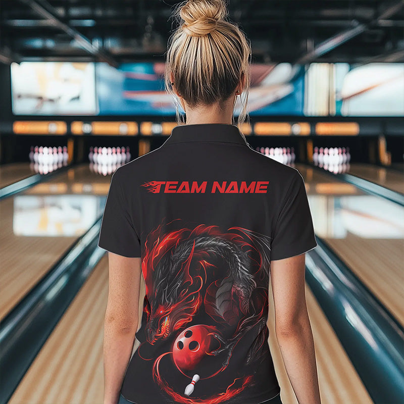 Custom Black And Red Dragon Womens Bowling Polo Shirt, Dragon Bowling Tournament Team Shirt IPHW8418