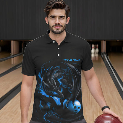 Custom Black And Blue Dragon Bowling Polo Shirts For Men, Dragon Bowling Tournament Team Shirt IPHW8419