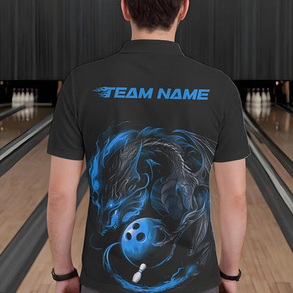 Custom Black And Blue Dragon Bowling Polo Shirts For Men, Dragon Bowling Tournament Team Shirt IPHW8419