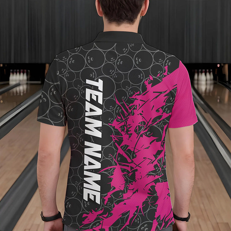 Black And Pink Custom Bowling Tournament Polo Shirts For Men, Bowling Pattern Team Jerseys IPHW8422