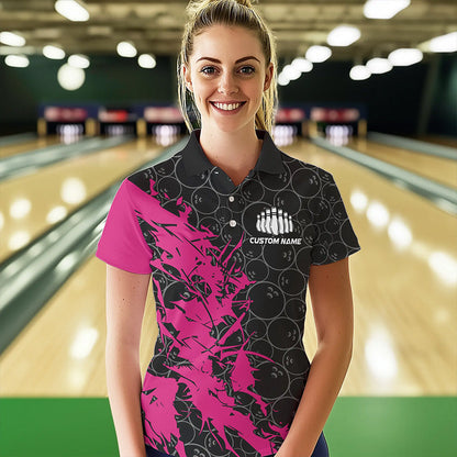 Black And Pink Custom Bowling Tournament Polo Shirts For Women, Bowling Pattern Team Jersey IPHW8422