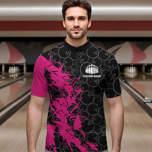 Black And Pink Custom Bowling Tournament Quarter-Zip Shirts For Men, Bowling Pattern Team Jerseys IPHW8422