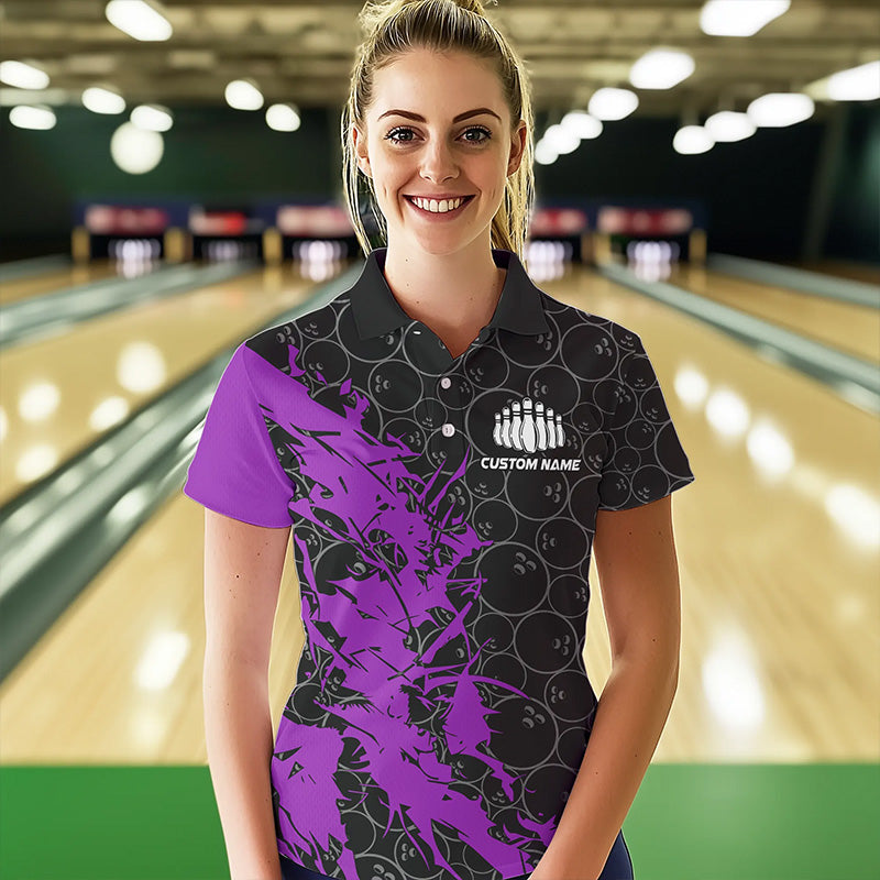 Black And Purple Custom Bowling Tournament Polo Shirts For Women, Bowling Team Jerseys IPHW8423
