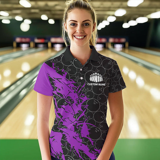 Black And Purple Custom Bowling Tournament Polo Shirts For Women, Bowling Team Jerseys IPHW8423