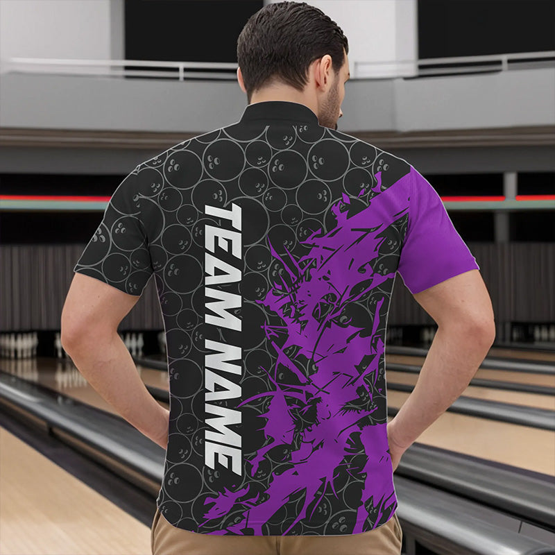 Black And Purple Custom Bowling Tournament Quarter-Zip Shirts For Men, Bowling Pattern Team Jerseys IPHW8423