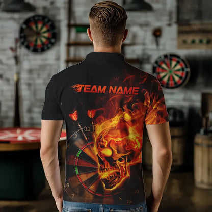 Custom Black And Orange Flame Skull Dart Polo Shirts For Men, Fire Dart Team Shirts IPHW8431