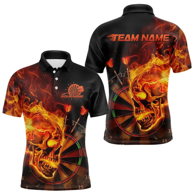 Custom Black And Orange Flame Skull Dart Polo Shirts For Men, Fire Dart Team Shirts IPHW8431