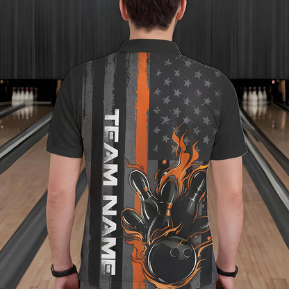 Orange Line American Flag Custom Patriotic Flame Bowling Polo Shirts For Men, US Bowling Shirt IPHW8635