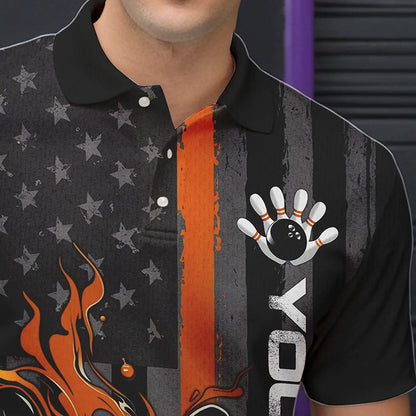 Orange Line American Flag Custom Patriotic Flame Bowling Polo Shirts For Men, US Bowling Shirt IPHW8635