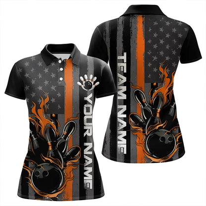 Orange Line American Flag Custom Patriotic Flame Women Bowling Polo Shirt, US Bowling Shirt IPHW8635