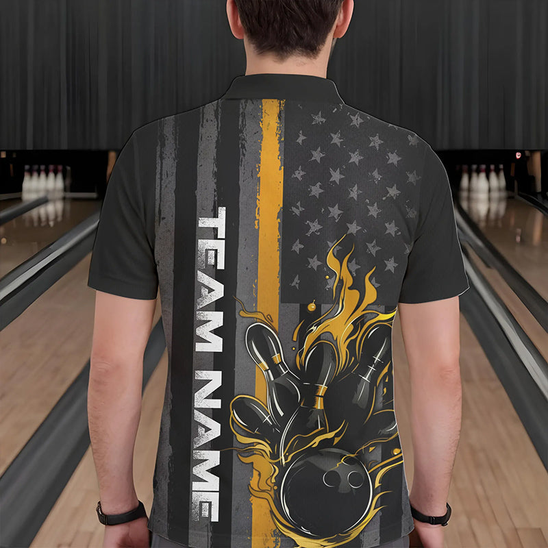 Yellow Line American Flag Custom Patriotic Flame Bowling Polo Shirts For Men, US Bowling Shirt IPHW8636