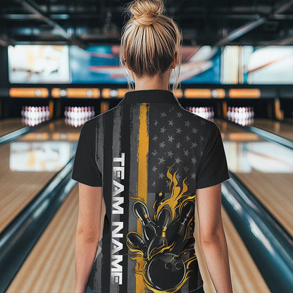 Yellow Line American Flag Custom Patriotic Flame Women Bowling Polo Shirt, US Bowling Shirt IPHW8636