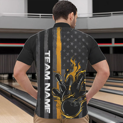 Yellow Line American Flag Custom Patriotic Flame Bowling Quarter-Zip Shirt For Men, US Bowling Shirt IPHW8636