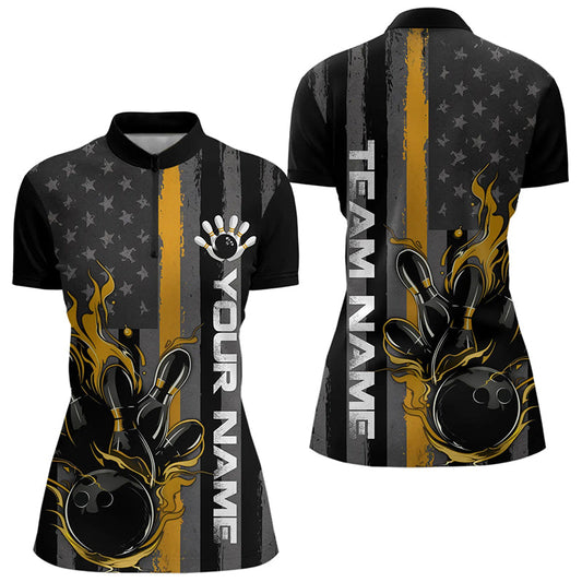 Yellow Line American Flag Custom Patriotic US Flame Bowling Womens Quarter-Zip Shirts IPHW8636