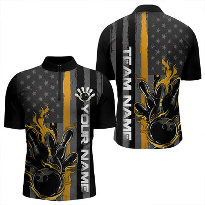 Yellow Line American Flag Custom Patriotic Flame Bowling Quarter-Zip Shirt For Men, US Bowling Shirt IPHW8636
