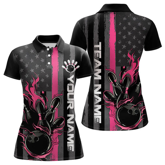 Pink Line American Flag Custom Patriotic Flame Womens Bowling Polo Shirt, US Bowling Shirt IPHW8637