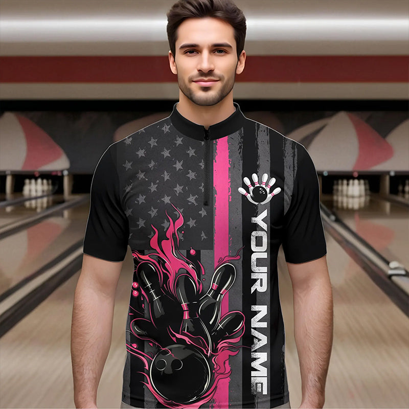 Pink Line American Flag Custom Patriotic Flame Bowling Quarter-Zip Shirts For Men, US Bowling Shirt IPHW8637