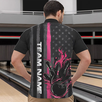 Pink Line American Flag Custom Patriotic Flame Bowling Quarter-Zip Shirts For Men, US Bowling Shirt IPHW8637
