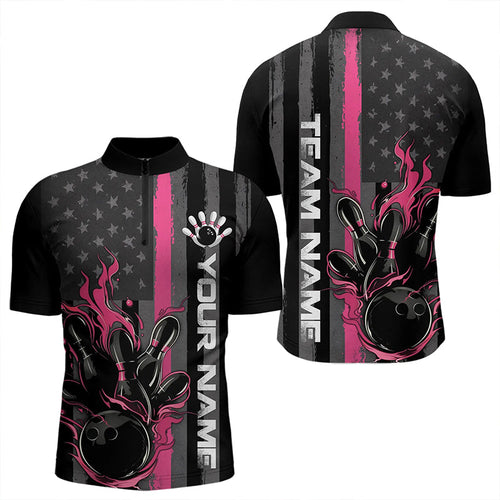 Pink Line American Flag Custom Patriotic Flame Bowling Quarter-Zip Shirts For Men, US Bowling Shirt IPHW8637