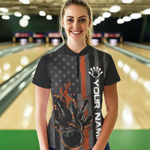 Load image into Gallery viewer, Brown Line American Flag Custom Patriotic Flame Womens Bowling Polo Shirt, US Bowling Shirt IPHW8638